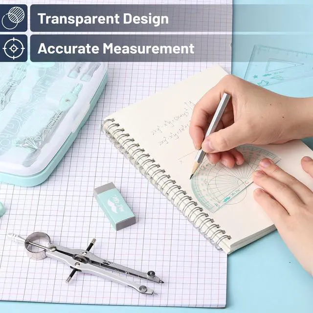 Alt view image 7 of 7 - Geometry Set, 13 pcs, 3 Metal Compasses, Protractor, 6" Ruler | 45° & 30°/60° Set Squares, Pencils, Lead Refills, Sharpener & Eraser for Math, Drafting & Classroom Use | 45° & 30°/60° Set Squares