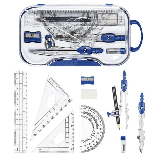 Alt view image 2 of 7 - Geometry Set 10 Pcs Student Supplies,Protractor and Compass,Navy Blue | Shatterproof Storage Box,Rulers,Protractor,Compass,Eraser,Pencil Sharpener,Lead Refills,Pencil,for Classroom, Back to School