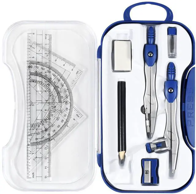 Main image of Geometry Set 10 Pcs Student Supplies,Protractor and Compass,Navy Blue | Shatterproof Storage Box,Rulers,Protractor,Compass,Eraser,Pencil Sharpener,Lead Refills,Pencil,for Classroom, Back to School