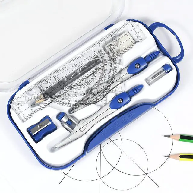 Alt view image 3 of 7 - Geometry Set 10 Pcs Student Supplies,Protractor and Compass,Navy Blue | Shatterproof Storage Box,Rulers,Protractor,Compass,Eraser,Pencil Sharpener,Lead Refills,Pencil,for Classroom, Back to School