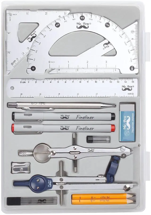 Main image of Professional Geometry Set, 15 pcs, Drafting Tools with Protractor | Compass, Metal Ruler, Triangles, Pens & Pencils, Complete Geometry & Drafting Kit for Architects, Engineers & Students