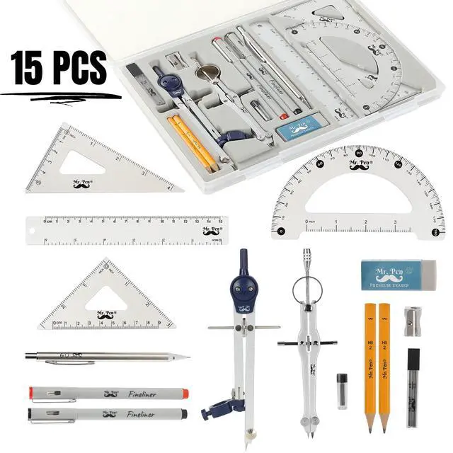 Alt view image 2 of 7 - Professional Geometry Set, 15 pcs, Drafting Tools with Protractor | Compass, Metal Ruler, Triangles, Pens & Pencils, Complete Geometry & Drafting Kit for Architects, Engineers & Students