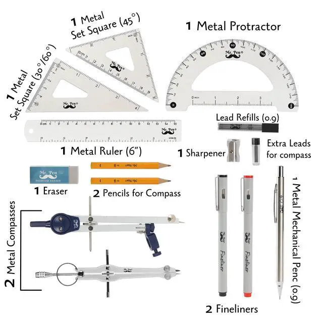Alt view image 3 of 7 - Professional Geometry Set, 15 pcs, Drafting Tools with Protractor | Compass, Metal Ruler, Triangles, Pens & Pencils, Complete Geometry & Drafting Kit for Architects, Engineers & Students
