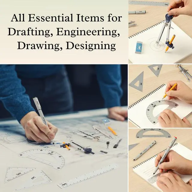 Alt view image 5 of 7 - Professional Geometry Set, 15 pcs, Drafting Tools with Protractor | Compass, Metal Ruler, Triangles, Pens & Pencils, Complete Geometry & Drafting Kit for Architects, Engineers & Students