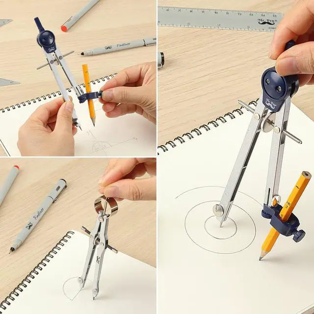 Alt view image 6 of 7 - Professional Geometry Set, 15 pcs, Drafting Tools with Protractor | Compass, Metal Ruler, Triangles, Pens & Pencils, Complete Geometry & Drafting Kit for Architects, Engineers & Students