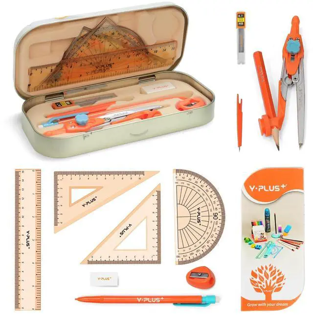 Main image of Geometry Set, Protractor and Compass Set for Students, 12Pcs | Compass Drawing Tool with Metal Case, Rulers, Protractor, Mechanical Pen, Back to School Supplies for Students