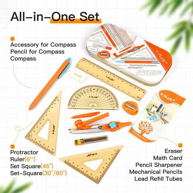 Alt view image 2 of 7 - Geometry Set, Protractor and Compass Set for Students, 12Pcs | Compass Drawing Tool with Metal Case, Rulers, Protractor, Mechanical Pen, Back to School Supplies for Students
