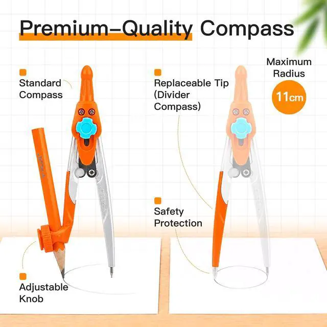 Alt view image 4 of 7 - Geometry Set, Protractor and Compass Set for Students, 12Pcs | Compass Drawing Tool with Metal Case, Rulers, Protractor, Mechanical Pen, Back to School Supplies for Students