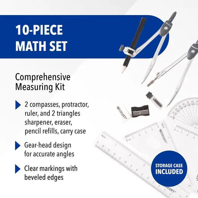 Alt view image 2 of 6 - 10-Piece Math Set for Students, Includes 2 Compasses, Protractor & Ruler, Back to School, Classroom, School Supplies, Geometry Practice, Durable Storage Case