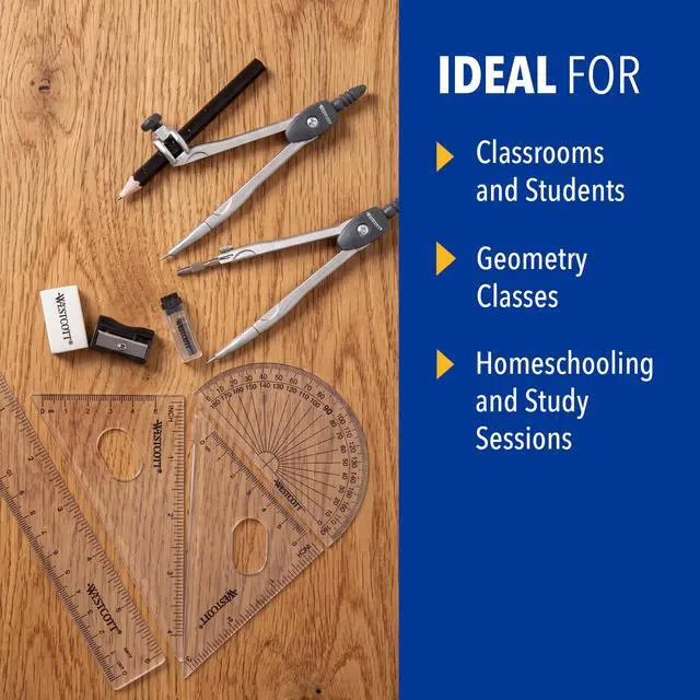 Alt view image 4 of 6 - 10-Piece Math Set for Students, Includes 2 Compasses, Protractor & Ruler, Back to School, Classroom, School Supplies, Geometry Practice, Durable Storage Case