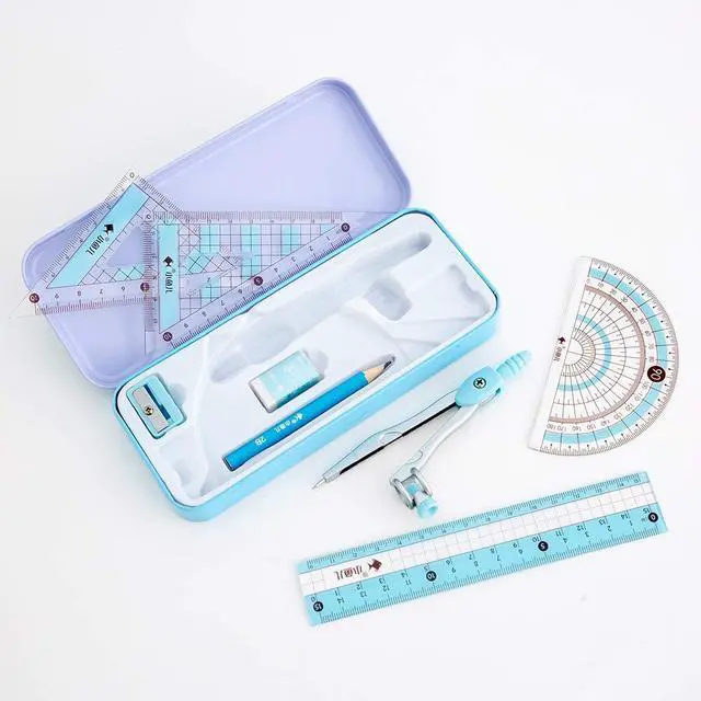 Alt view image 2 of 7 - 8 Pcs Compass/Math Set for Students with Shatterproof Storage Box, Geometry Set for School, Includes Ruler, Protractor, Compass, Pencil,Pencil Sharpener and Eraser,etc. Perfect Gift