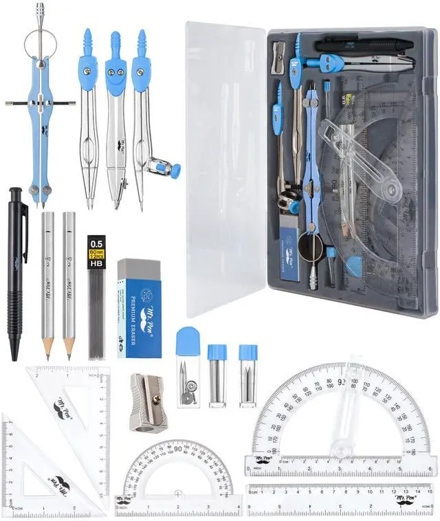 Main image of Geometry Set, 15 pcs, Blue, 6 Inch Swing Arm Protractor, Divider | Set Squares, Ruler, Compasses and Protractor