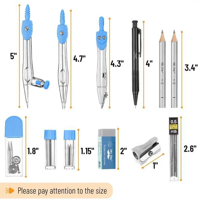 Alt view image 3 of 7 - Geometry Set, 15 pcs, Blue, 6 Inch Swing Arm Protractor, Divider | Set Squares, Ruler, Compasses and Protractor