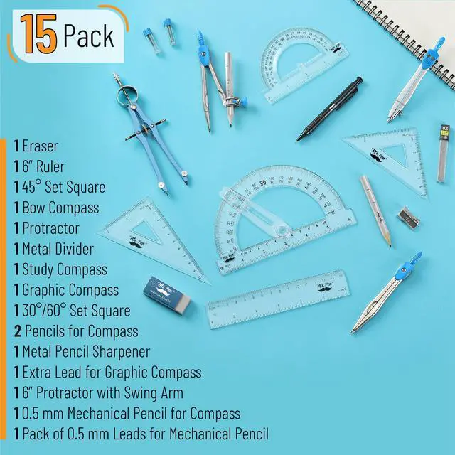Alt view image 2 of 7 - Geometry Set, 15 pcs, Blue, 6 Inch Swing Arm Protractor, Divider | Set Squares, Ruler, Compasses and Protractor