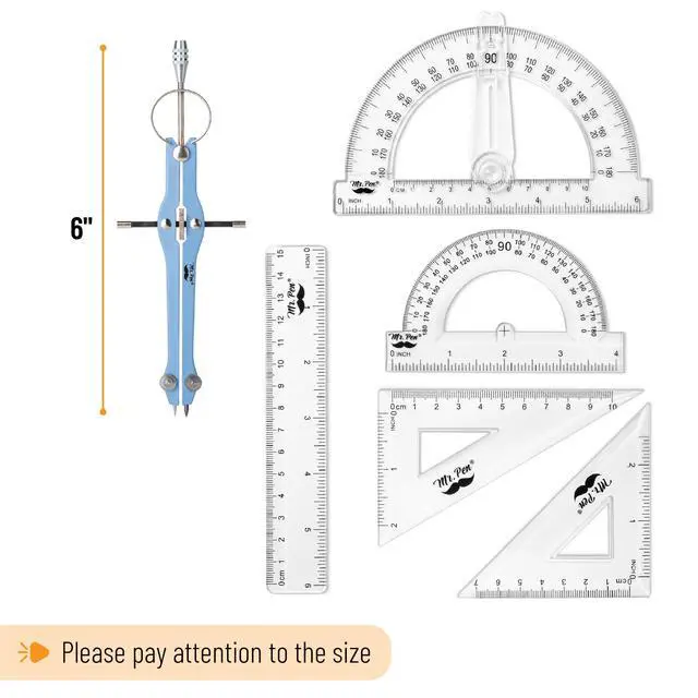 Alt view image 4 of 7 - Geometry Set, 15 pcs, Blue, 6 Inch Swing Arm Protractor, Divider | Set Squares, Ruler, Compasses and Protractor