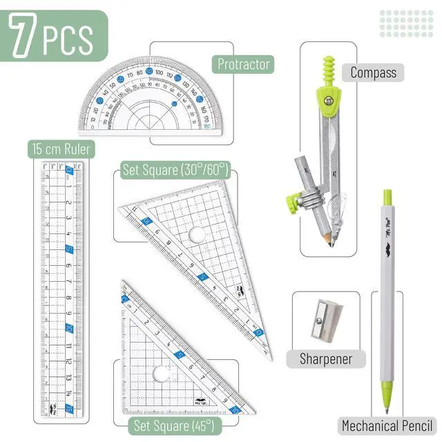 Alt view image 2 of 7 - Geometry Set, 7 pcs, Compass for Geometry Compass Math | Geometry Kit with Storage Box, Math Compass, Geometry Set for School, Protractor and Compass Set, Drawing Tools, Ruler Set