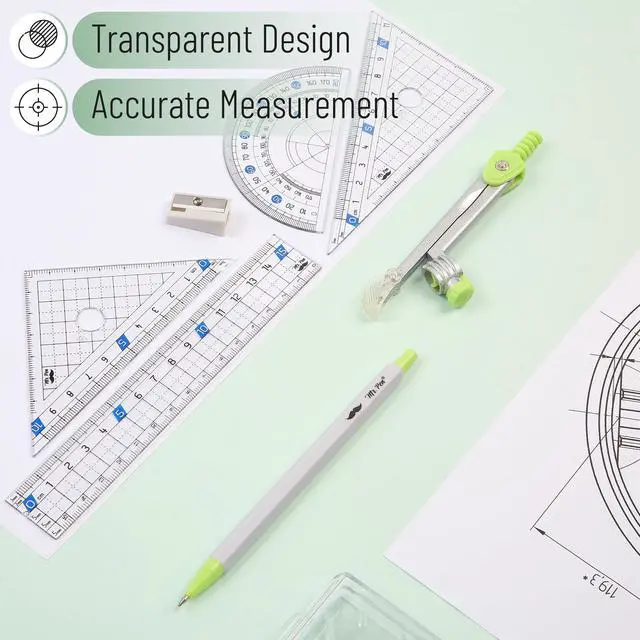 Alt view image 4 of 7 - Geometry Set, 7 pcs, Compass for Geometry Compass Math | Geometry Kit with Storage Box, Math Compass, Geometry Set for School, Protractor and Compass Set, Drawing Tools, Ruler Set