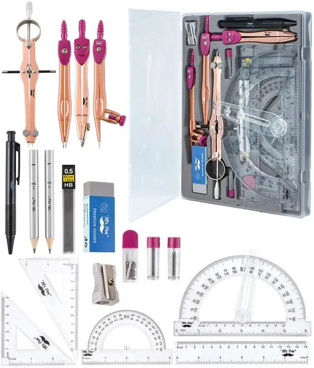 Main image of Geometry Set, 15 pcs, Rose Gold & Pink | 6 Inch Swing Arm Protractor, Divider, Set Squares, Ruler, Compasses and Protractor