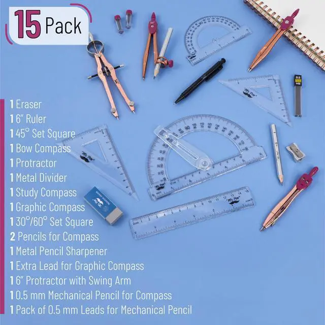 Alt view image 2 of 7 - Geometry Set, 15 pcs, Rose Gold & Pink | 6 Inch Swing Arm Protractor, Divider, Set Squares, Ruler, Compasses and Protractor