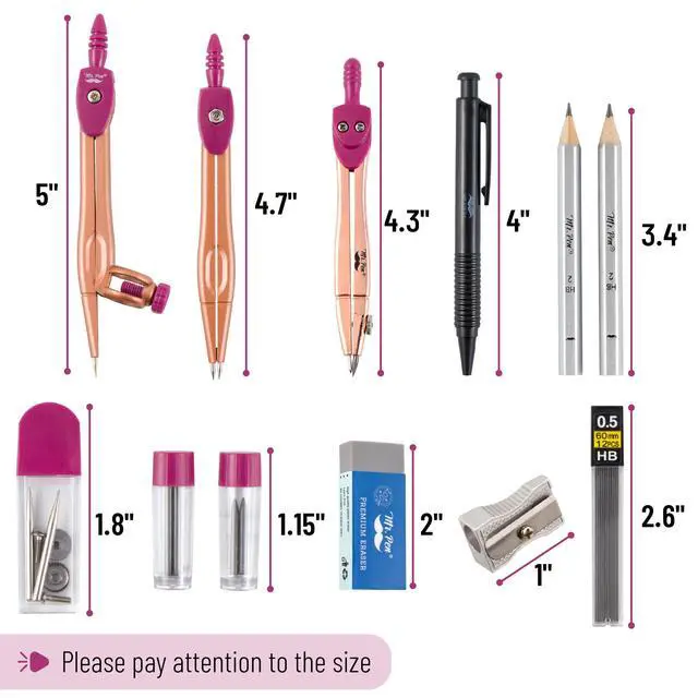 Alt view image 3 of 7 - Geometry Set, 15 pcs, Rose Gold & Pink | 6 Inch Swing Arm Protractor, Divider, Set Squares, Ruler, Compasses and Protractor
