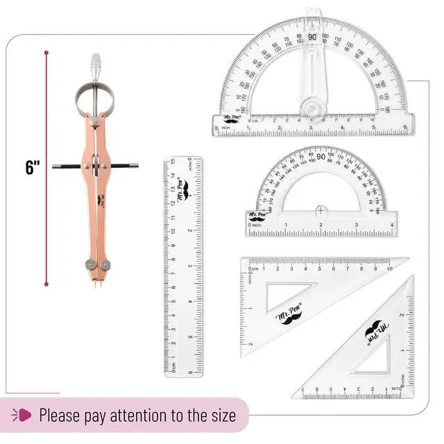 Alt view image 4 of 7 - Geometry Set, 15 pcs, Rose Gold & Pink | 6 Inch Swing Arm Protractor, Divider, Set Squares, Ruler, Compasses and Protractor