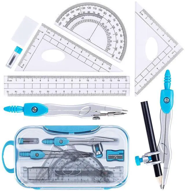 Main image of Math Geometry Kit Set 10 Pieces with Shatterproof Storage Box, Student Supplies Drawing Compass Includes Protractor, Rulers, Compass, Pencil Sharpener, Lead Refills, Pencil, Eraser(Blue)