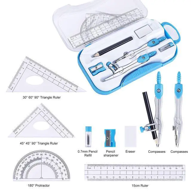 Alt view image 2 of 7 - Math Geometry Kit Set 10 Pieces with Shatterproof Storage Box, Student Supplies Drawing Compass Includes Protractor, Rulers, Compass, Pencil Sharpener, Lead Refills, Pencil, Eraser(Blue)