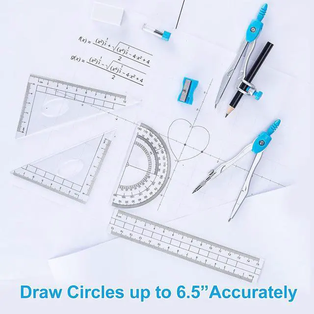 Alt view image 3 of 7 - Math Geometry Kit Set 10 Pieces with Shatterproof Storage Box, Student Supplies Drawing Compass Includes Protractor, Rulers, Compass, Pencil Sharpener, Lead Refills, Pencil, Eraser(Blue)