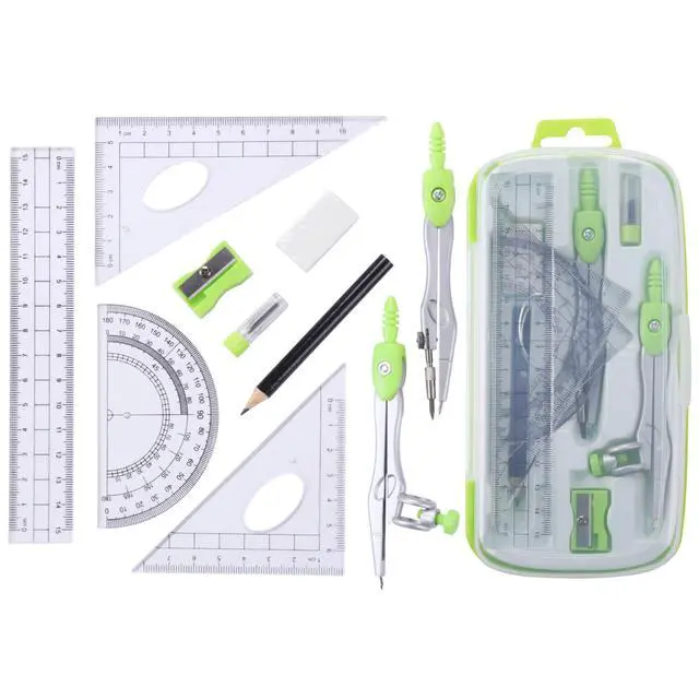 Alt view image 2 of 6 - Math Geometry Set 10 Pcs, Compass and Protractor for Students(Green) | Shatterproof Storage Box,Rulers,Protractor,Compass,Eraser,Pencil Sharpener,Lead Refills,Pencil,for Classroom, Back to School