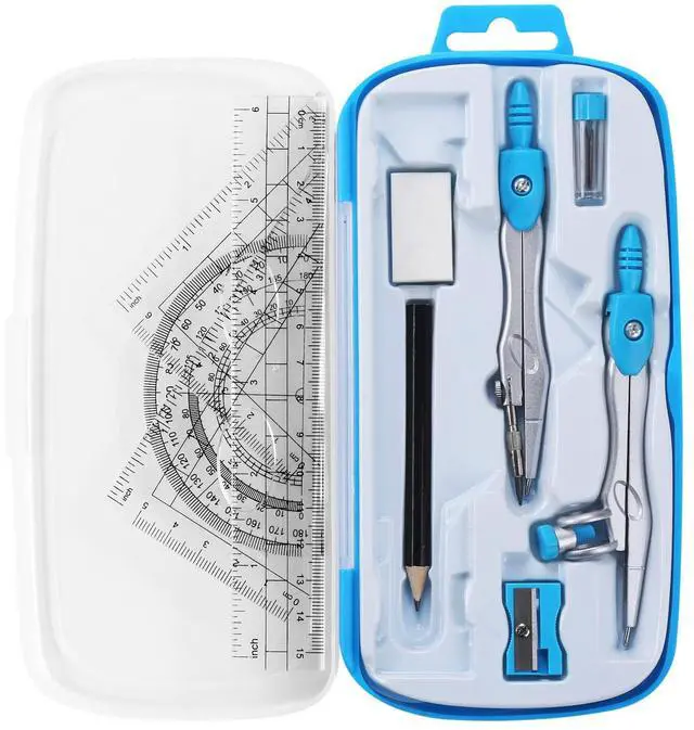 Main image of Math Geometry Set 10 Pcs, Compass and Protractor for Students(Blue) | Shatterproof Storage Box,Rulers,Protractor,Compass,Eraser,Pencil Sharpener,Lead Refills,Pencil,for Classroom, Back to School