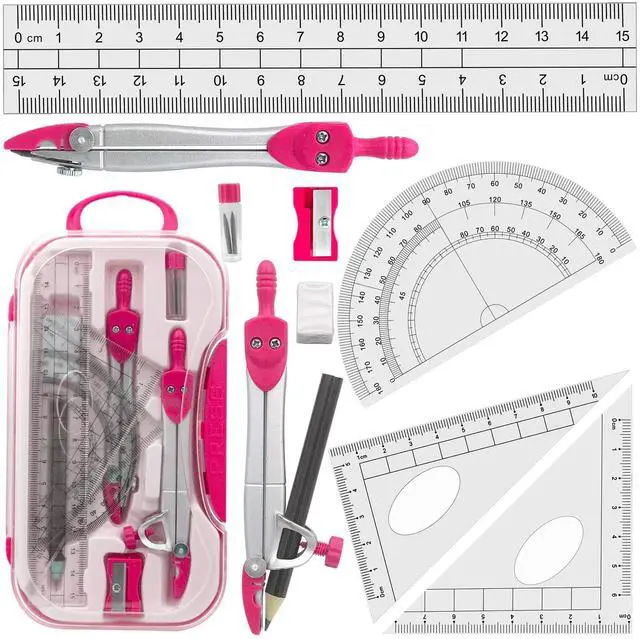 Main image of Geometry Set Maths Compasses for Grade Students Back to School Supplies with Compasses Protractor in Carry Case, Pink