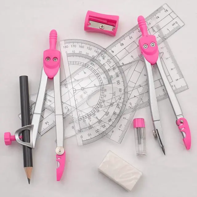 Alt view image 4 of 6 - Geometry Set Maths Compasses for Grade Students Back to School Supplies with Compasses Protractor in Carry Case, Pink