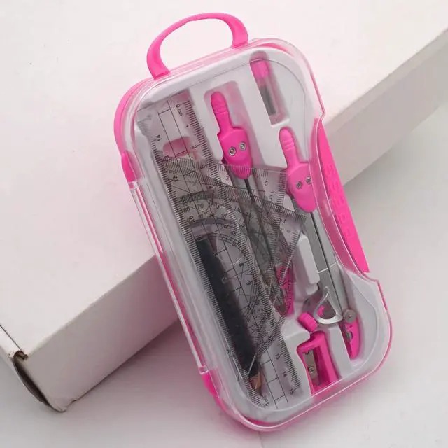 Alt view image 6 of 6 - Geometry Set Maths Compasses for Grade Students Back to School Supplies with Compasses Protractor in Carry Case, Pink
