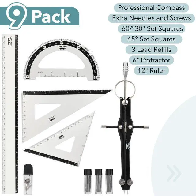 Alt view image 2 of 7 - Metal Geometry Set, 9 pcs, Compass, 6" Protractor, 12" Ruler | 45° & 30°/60° Set Squares, Lead Refills, Metal Drafting Tools for Technical Drawing, Math, Engineering & Architecture
