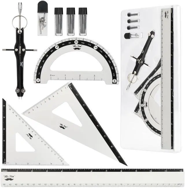 Main image of Metal Geometry Set, 9 pcs, Compass, 6" Protractor, 12" Ruler | 45° & 30°/60° Set Squares, Lead Refills, Metal Drafting Tools for Technical Drawing, Math, Engineering & Architecture