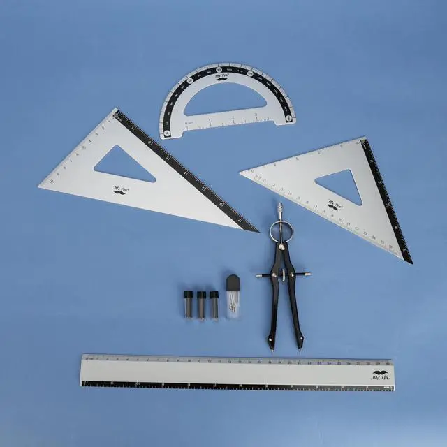 Alt view image 7 of 7 - Metal Geometry Set, 9 pcs, Compass, 6" Protractor, 12" Ruler | 45° & 30°/60° Set Squares, Lead Refills, Metal Drafting Tools for Technical Drawing, Math, Engineering & Architecture