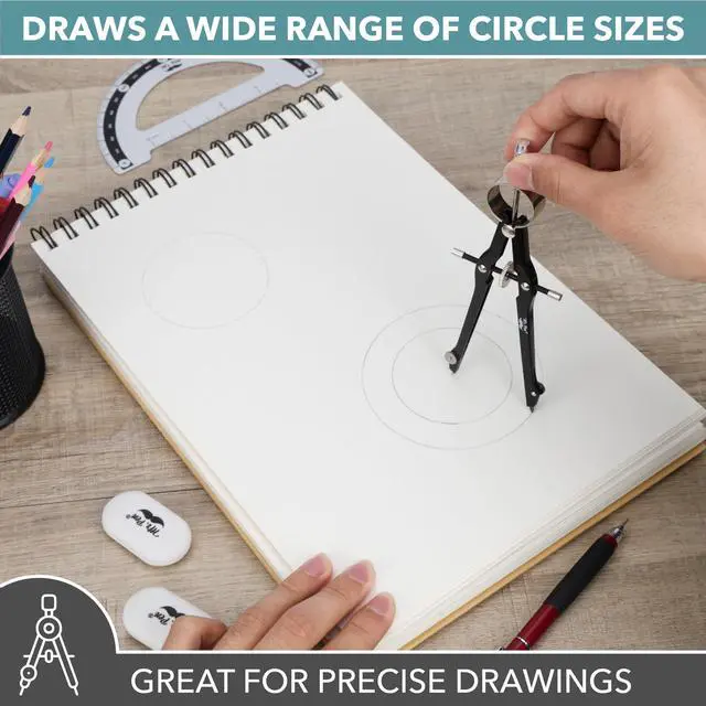 Alt view image 4 of 7 - Metal Geometry Set, 9 pcs, Compass, 6" Protractor, 12" Ruler | 45° & 30°/60° Set Squares, Lead Refills, Metal Drafting Tools for Technical Drawing, Math, Engineering & Architecture