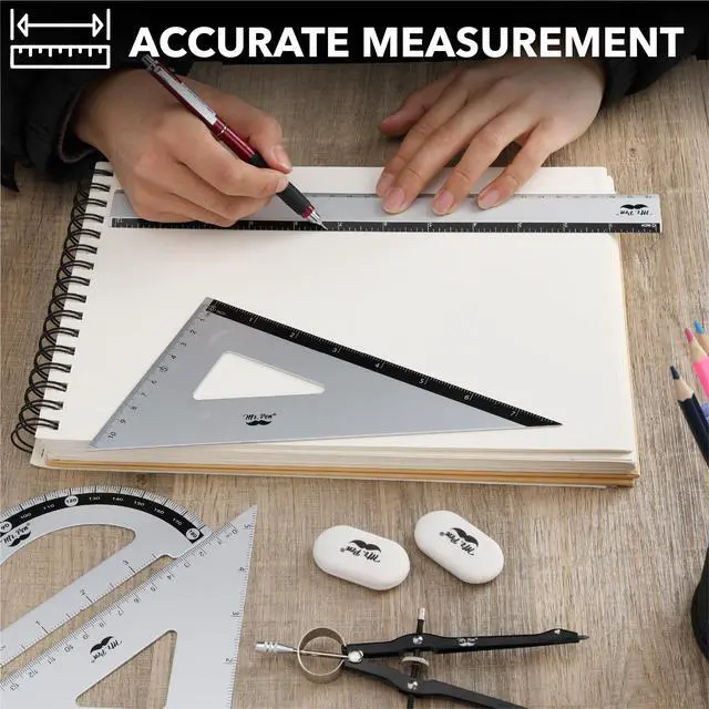 Alt view image 5 of 7 - Metal Geometry Set, 9 pcs, Compass, 6" Protractor, 12" Ruler | 45° & 30°/60° Set Squares, Lead Refills, Metal Drafting Tools for Technical Drawing, Math, Engineering & Architecture