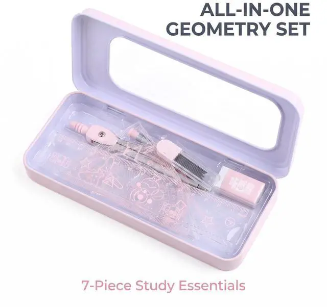 Alt view image 2 of 7 - 7Pcs Pink Compass Protractor Set with Portable Box Geometry Drafting Tools Set Multi-Purpose Math Drawing Rulers for Boy Girl Drafting Tools and Drafting Kits