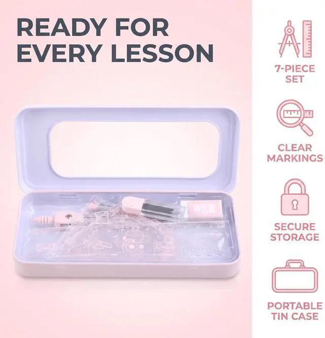 Alt view image 3 of 7 - 7Pcs Pink Compass Protractor Set with Portable Box Geometry Drafting Tools Set Multi-Purpose Math Drawing Rulers for Boy Girl Drafting Tools and Drafting Kits