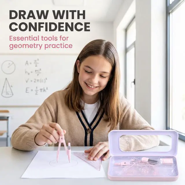 Alt view image 7 of 7 - 7Pcs Pink Compass Protractor Set with Portable Box Geometry Drafting Tools Set Multi-Purpose Math Drawing Rulers for Boy Girl Drafting Tools and Drafting Kits