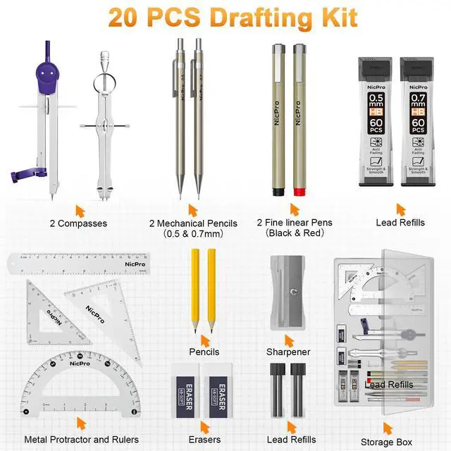 Alt view image 2 of 6 - 20PCS Professional Geometry Set Drafting Tool Protractor Compass | With Case, Metal Rulers, Triangles, Pens, Pencils, Drawing Supplies, Drafting Kit for Architecture and Engineering Students