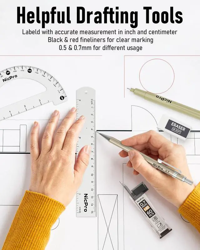 Alt view image 5 of 6 - 20PCS Professional Geometry Set Drafting Tool Protractor Compass | With Case, Metal Rulers, Triangles, Pens, Pencils, Drawing Supplies, Drafting Kit for Architecture and Engineering Students