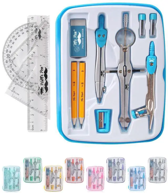 Main image of 13 Piece Geometry Set with Shatterproof Storage Box, Blue | 45° & 30°/60° Set Squares, Pencils, Lead Refills, Sharpener & Eraser for Math, Drafting & Classroom Use