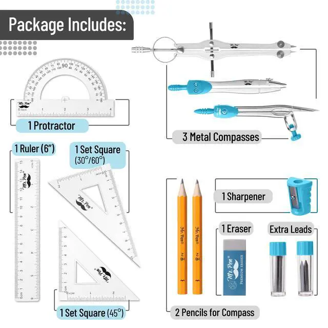 Alt view image 2 of 7 - 13 Piece Geometry Set with Shatterproof Storage Box, Blue | 45° & 30°/60° Set Squares, Pencils, Lead Refills, Sharpener & Eraser for Math, Drafting & Classroom Use