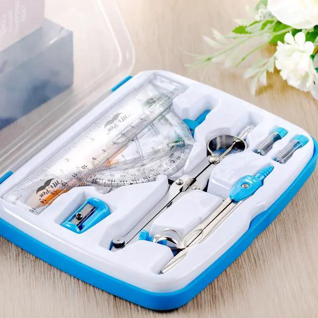 Alt view image 6 of 7 - 13 Piece Geometry Set with Shatterproof Storage Box, Blue | 45° & 30°/60° Set Squares, Pencils, Lead Refills, Sharpener & Eraser for Math, Drafting & Classroom Use