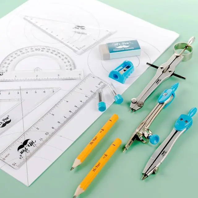 Alt view image 7 of 7 - 13 Piece Geometry Set with Shatterproof Storage Box, Blue | 45° & 30°/60° Set Squares, Pencils, Lead Refills, Sharpener & Eraser for Math, Drafting & Classroom Use