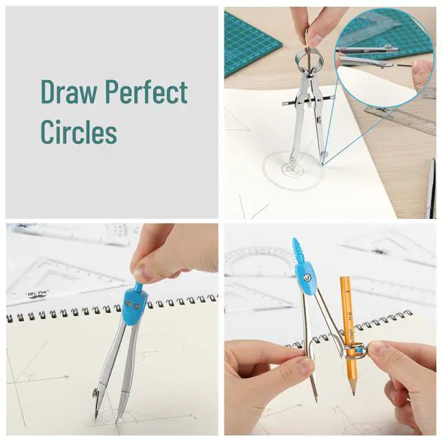 Alt view image 4 of 7 - 13 Piece Geometry Set with Shatterproof Storage Box, Blue | 45° & 30°/60° Set Squares, Pencils, Lead Refills, Sharpener & Eraser for Math, Drafting & Classroom Use