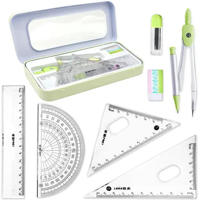 Main image of Geometry Set for Students - 8 Pieces, Back to School Supplies | Metal Compass, Protractor, Eraser, Triangle Ruler, Lead Refills and Metal Box, Protractor and Compass Set, Class Supplies
