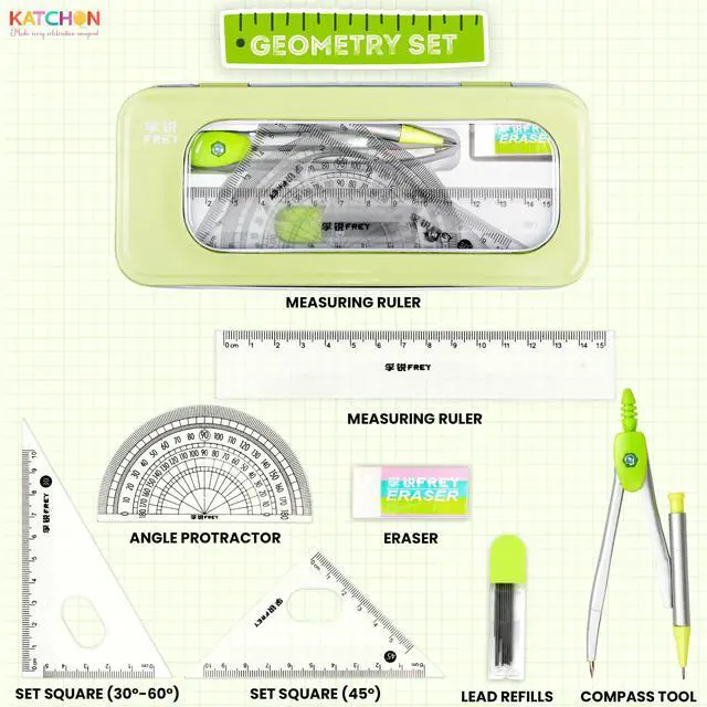 Alt view image 2 of 7 - Geometry Set for Students - 8 Pieces, Back to School Supplies | Metal Compass, Protractor, Eraser, Triangle Ruler, Lead Refills and Metal Box, Protractor and Compass Set, Class Supplies